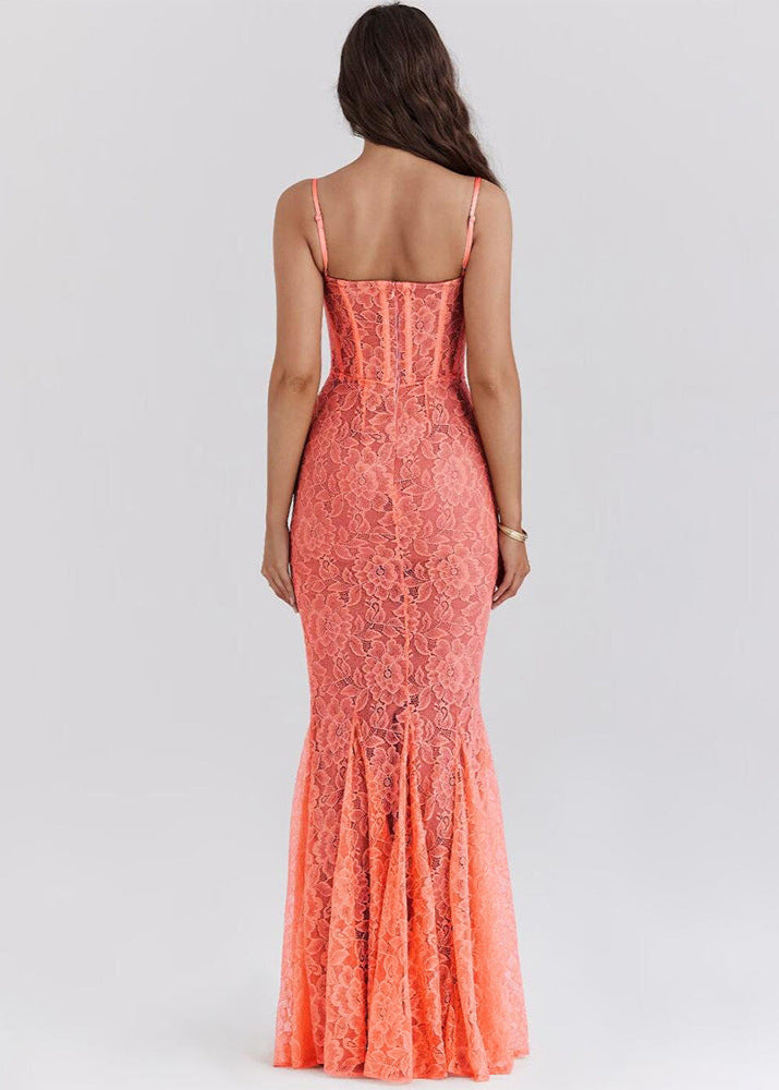 Sheer Lace Bustier Gown With Coral Hue