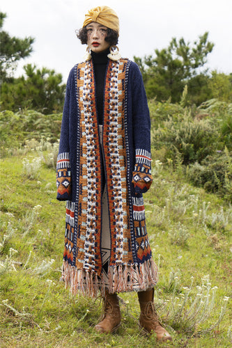 Bohemian Fringed Cardigan Ethnic Style Mid-Length Sweater Loose Knitted Coat