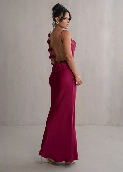 Satin Evening Gown With Cowl Neck And Floral Detail