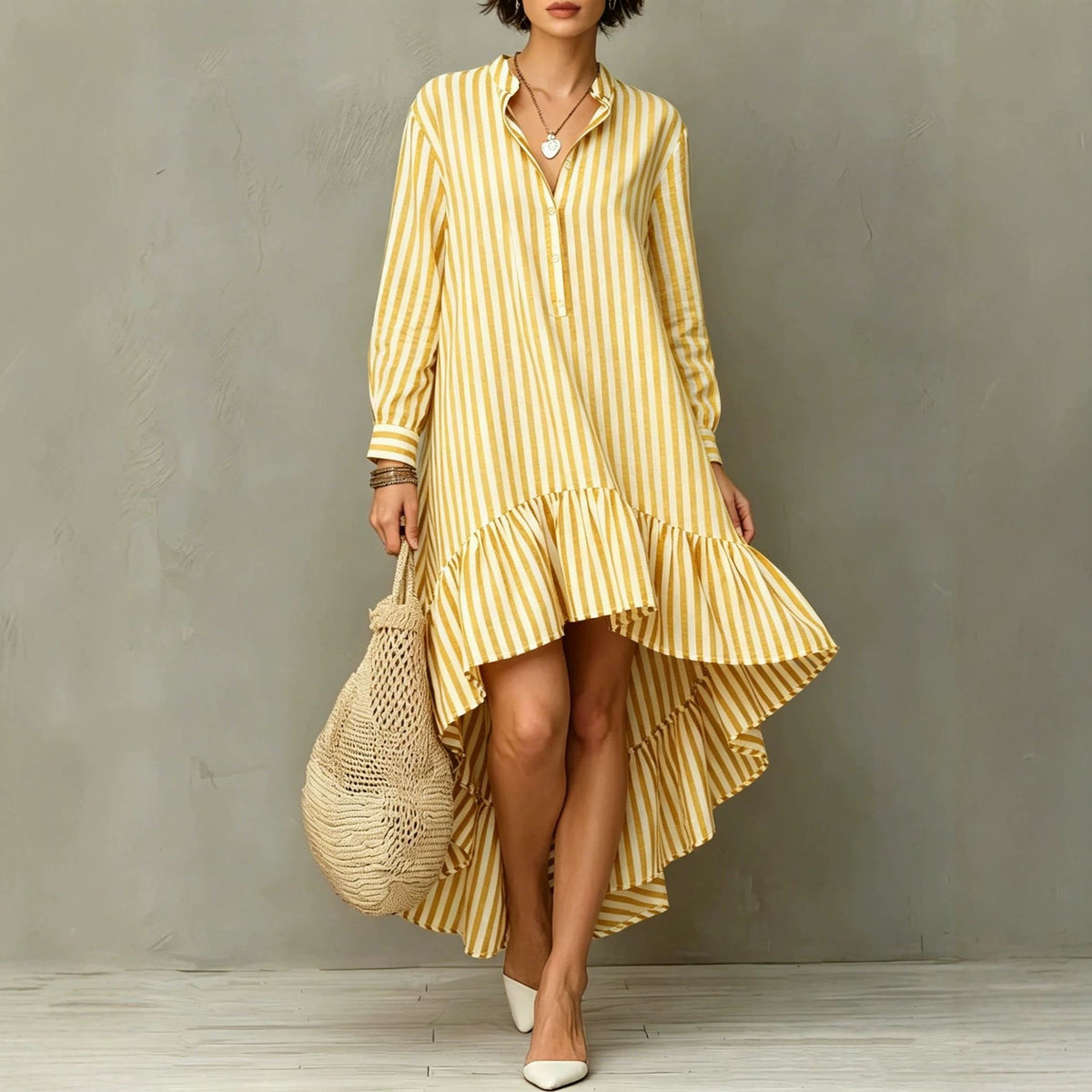 Vertical Stripe Long Sleeve Hi-Lo Ruffle Hem Shirt Midi Dress