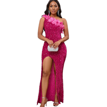 A Side-Neck Slit Sequin Dress