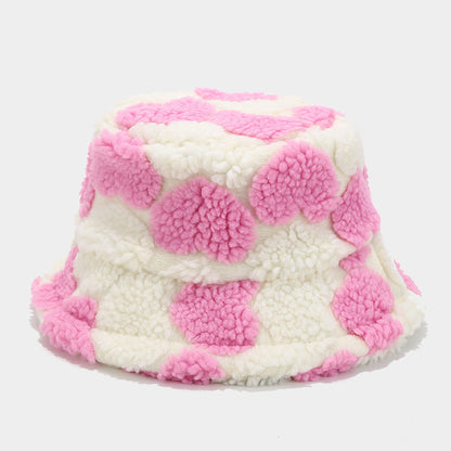 Casual Heart Pattern Soft Fuzzy Winter Bucket Hat