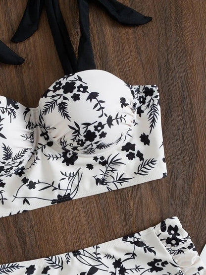 Lace Up Printing Split Bikini Swimwear Hard Cup With Steel Support High Waist Sexy Bikini Split Swimwear