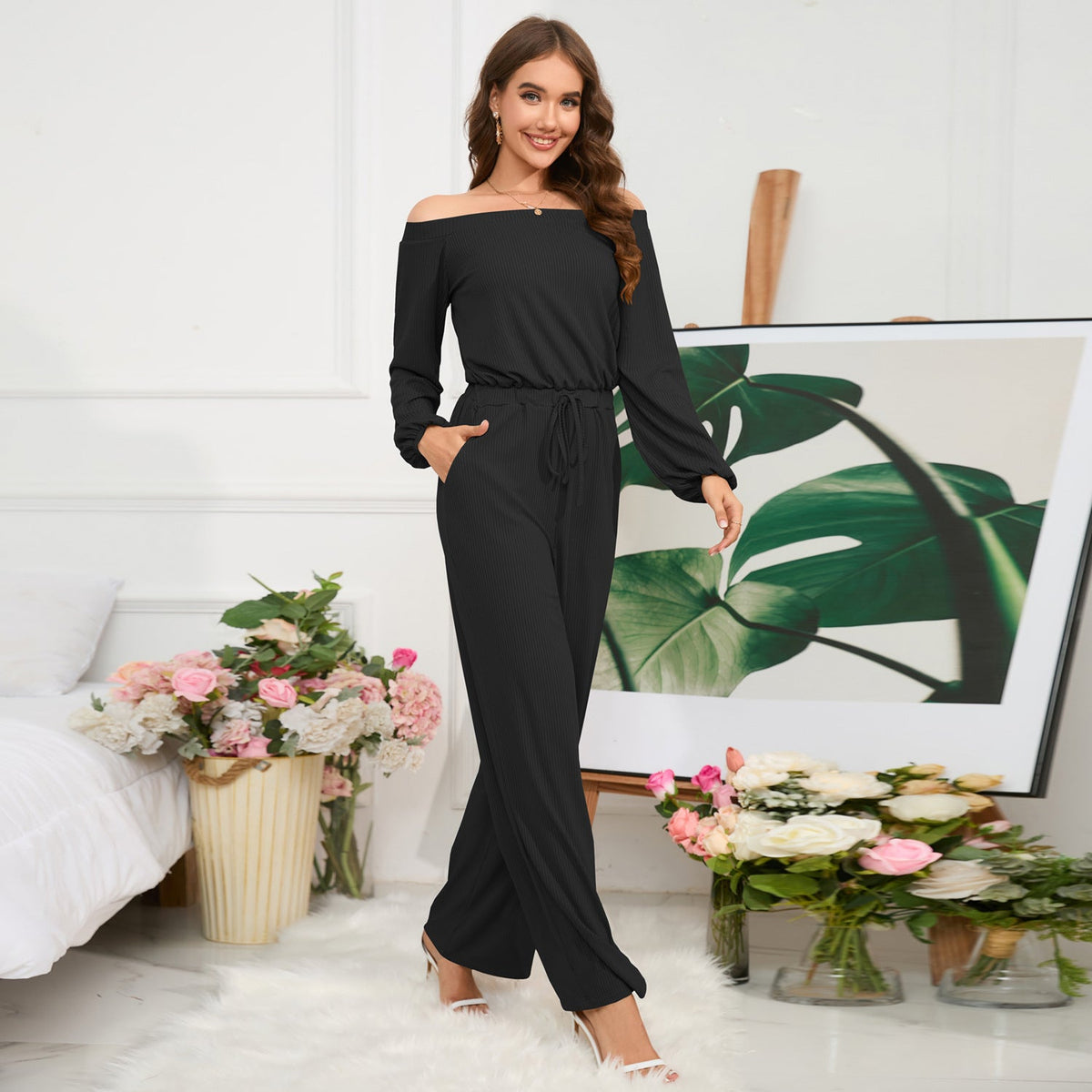 Women'S Autumn And Winter New Casual One Shoulder Long Sleeved Waist Trimming Jumpsuit With Tie Up Wide Leg Pants