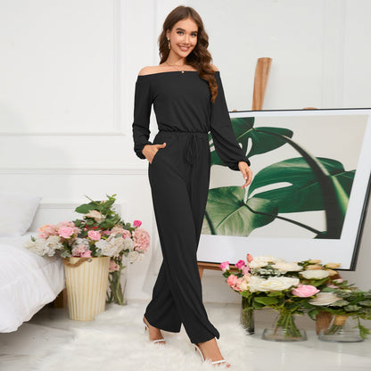 Women'S Autumn And Winter New Casual One Shoulder Long Sleeved Waist Trimming Jumpsuit With Tie Up Wide Leg Pants