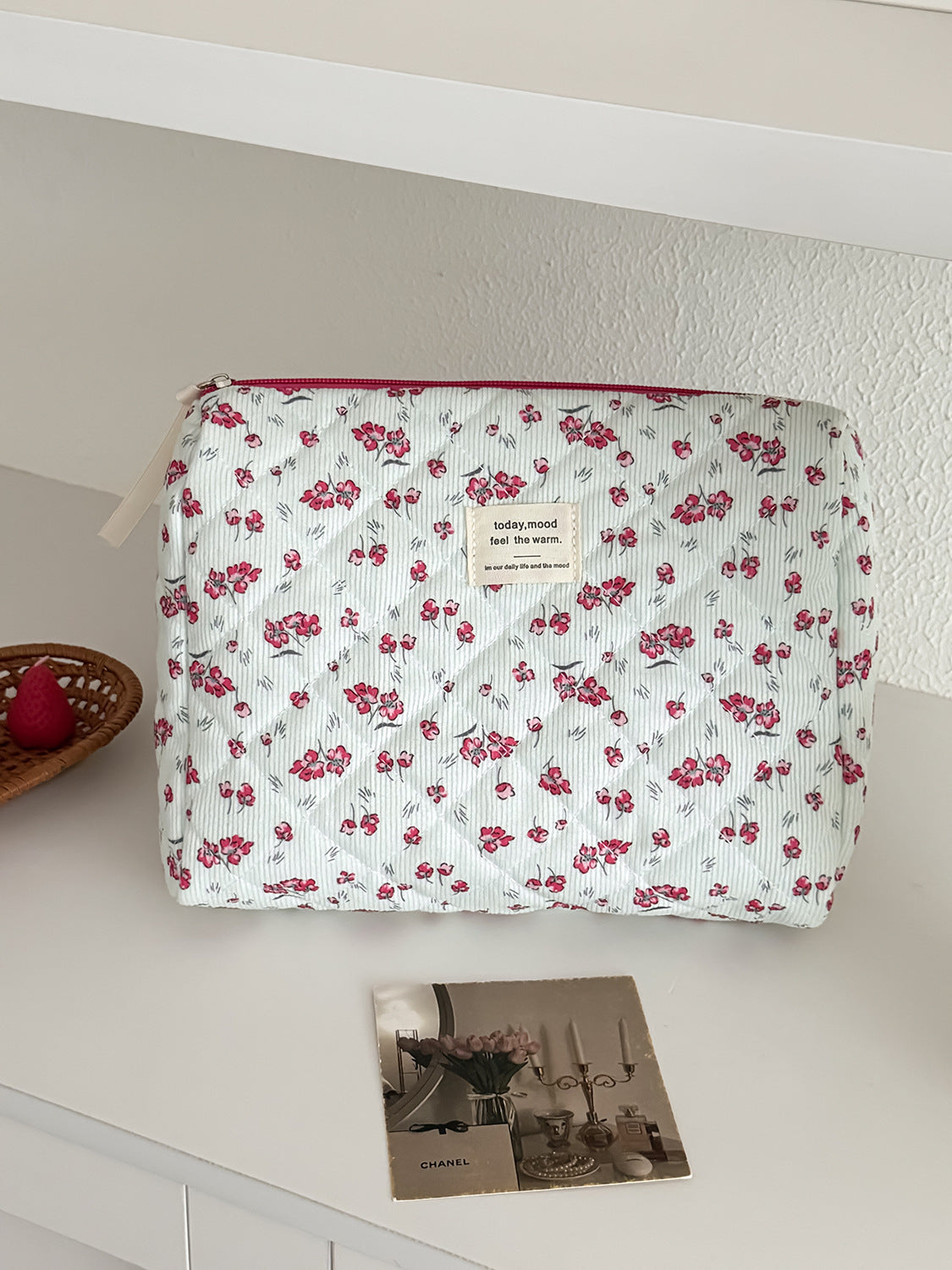 Floral Corduroy Makeup Bag Stylish Portable Toiletry Pouch