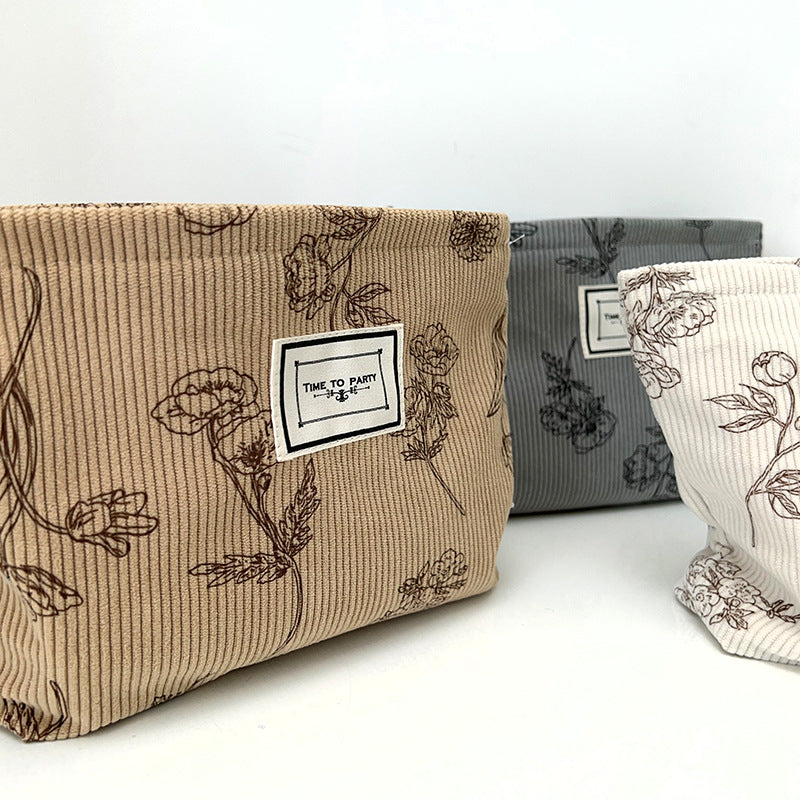 Floral Corduroy Makeup Bag Compact Storage Pouch