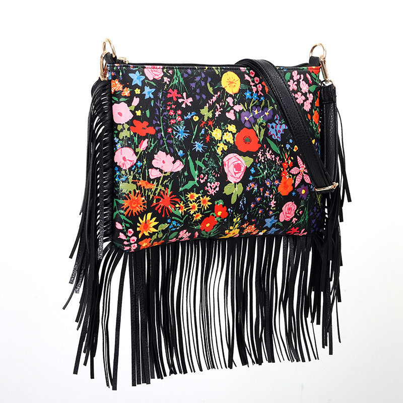 Fashionable And Personalized Printed Tassel Bag, One Shoulder Crossbody Bag, Rose Large Bag, Women'S Bag
