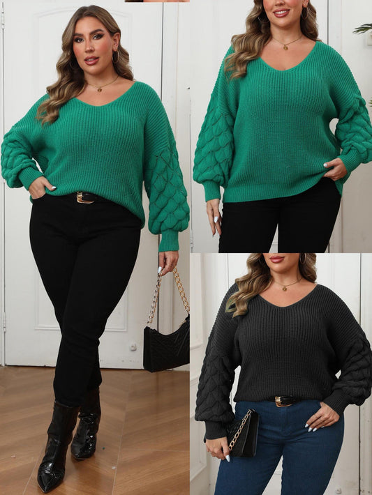 Plus Size Women'S V-Neck Sweater With Pineapple Sleeves
