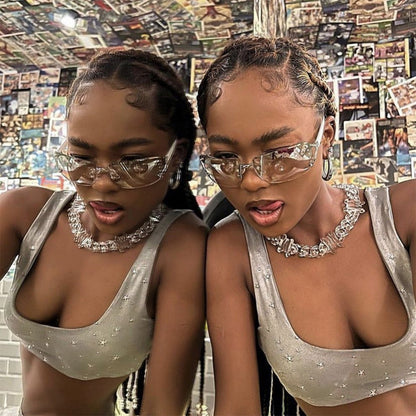 Y2K Rhinestone Square Sunglasses Stylish Metal Frame Eyewear