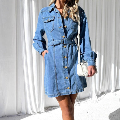 Button-Up A-Line Denim Dress with Long Sleeves