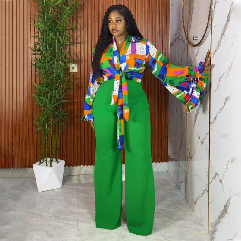 Floral Print Bell Sleeve Top And Wide-Leg Pants Set