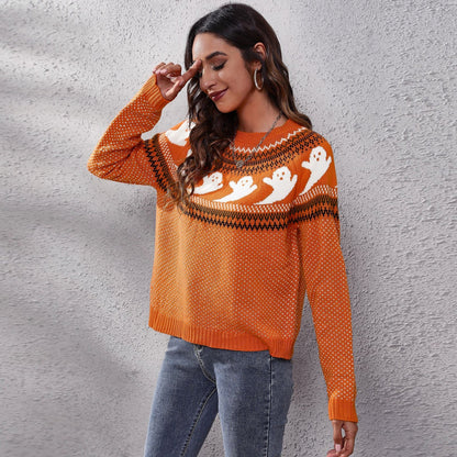 Halloween Ghost Vintage Polka Dot Long Sleeve Knitted Sweater Women'S Loose Wear