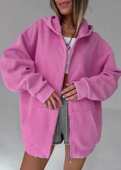 Oversized Zip Up Hoodie Soft Fabric Pink