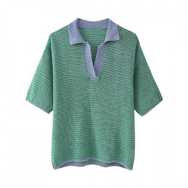 Casual Knit Collared Top and Shorts Set