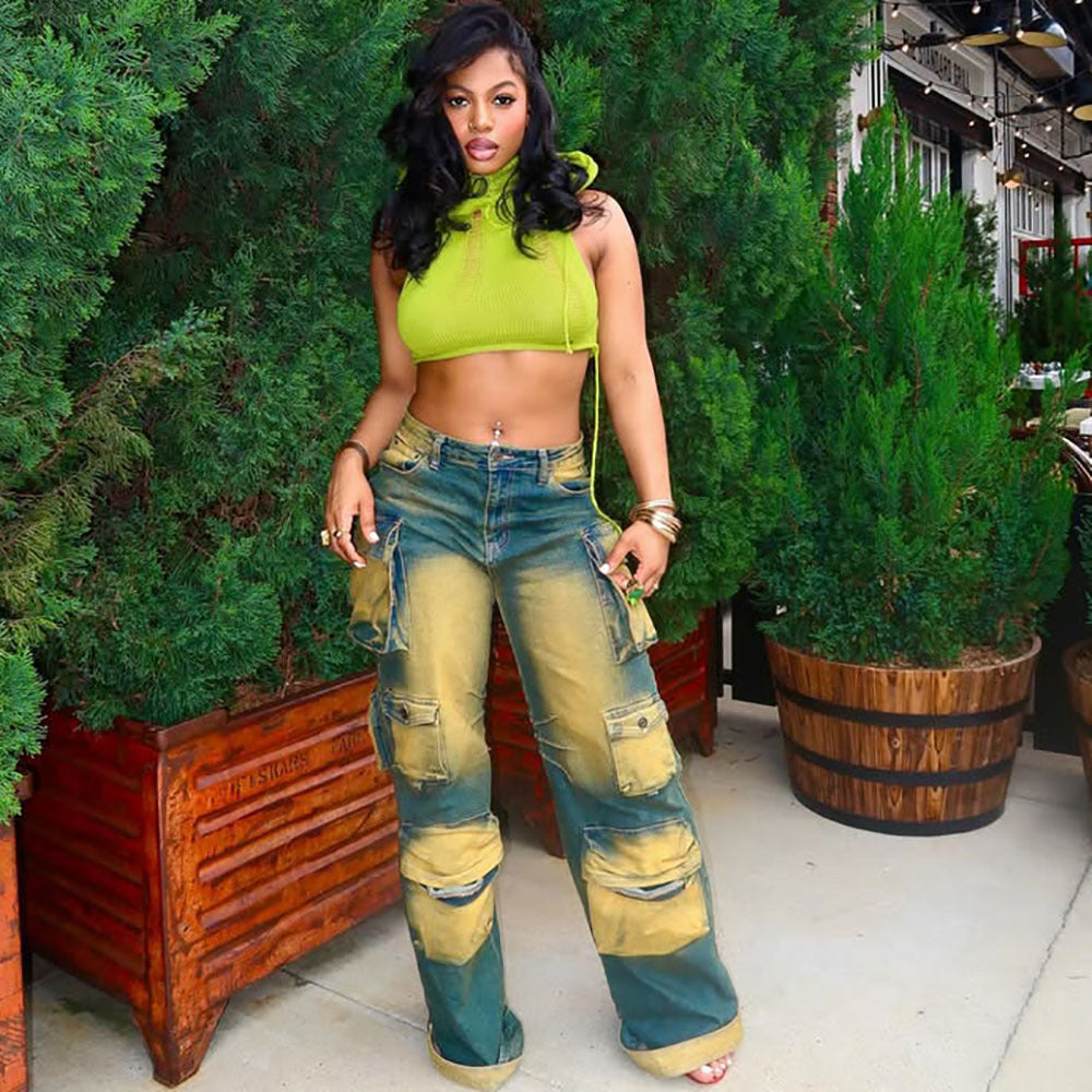 Chic High-Waisted Straight-Leg Denim Pants With Pockets