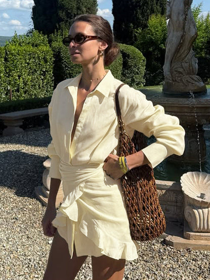 Casual Shirt Dress with Tie Waist Lightweight Solid Color