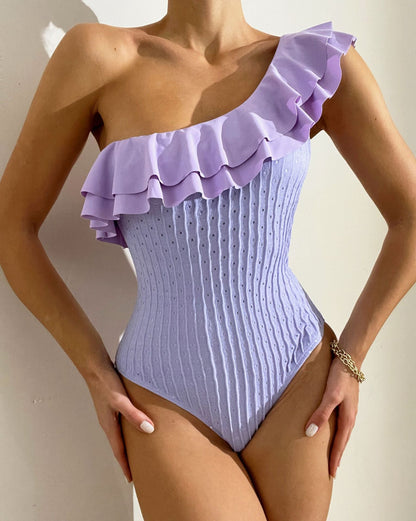 One-Piece Swimsuit Women'S New Solid Ruffled One-Shoulder Swimsuit