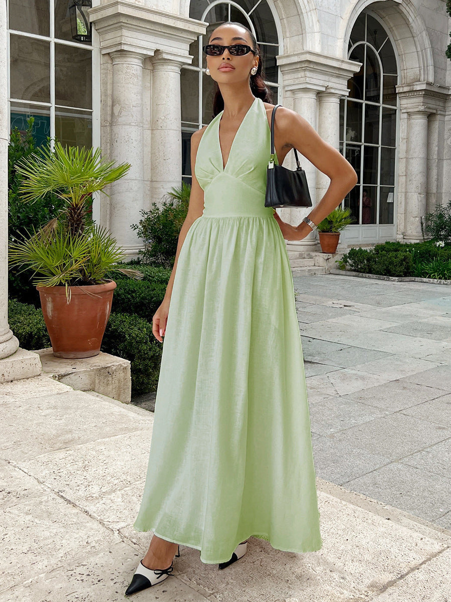 Cotton Long Maxi Dress With V-Neck Tie Waist