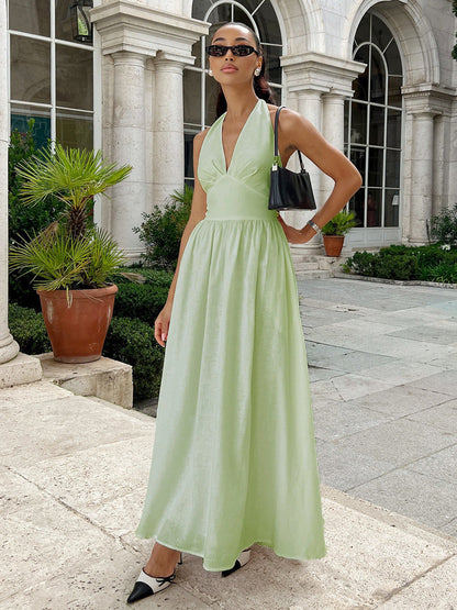 Cotton Long Maxi Dress With V-Neck Tie Waist