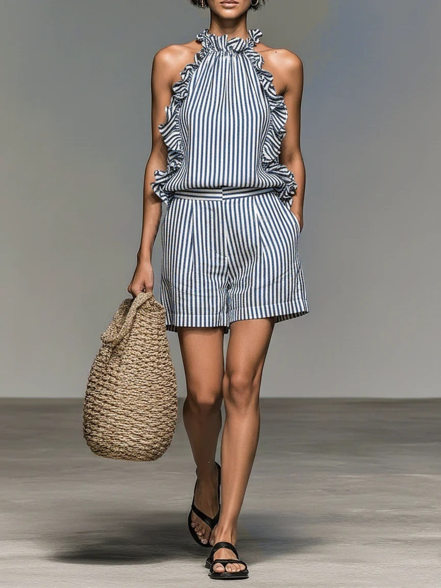 Blue White Vertical Stripe Ruffle Halter Top & High Waist Pocket Shorts 2 Piece Co-Ord Set