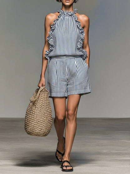 Blue White Vertical Stripe Ruffle Halter Top & High Waist Pocket Shorts 2 Piece Co-Ord Set