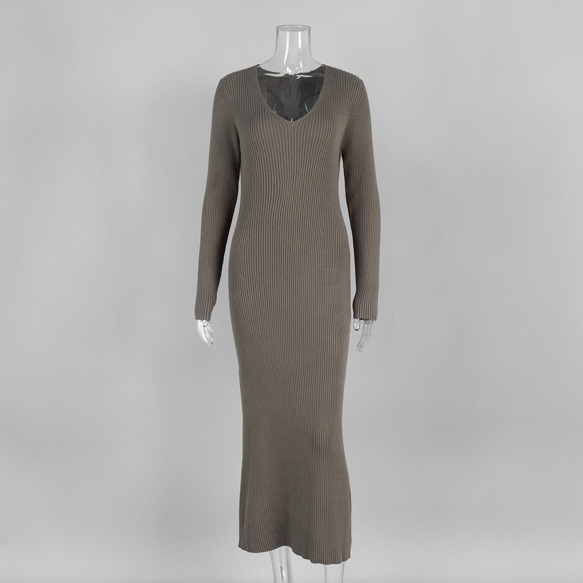 Solid Color Long Sleeve Bodycon Dress V-Neck Elegant Knit Dress