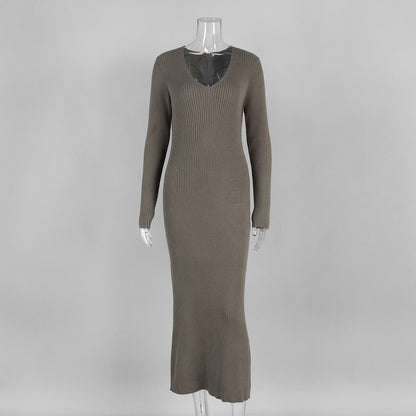 Solid Color Long Sleeve Bodycon Dress V-Neck Elegant Knit Dress