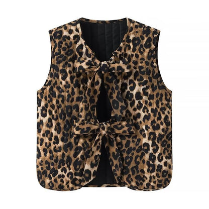 Corduroy Leopard Bow Casual Padded Vest