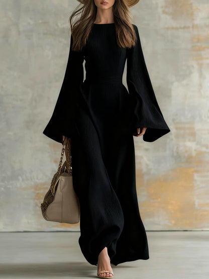 Ribbed Boat Neck Flare Sleeve Fitted Wrap Maxi Dress