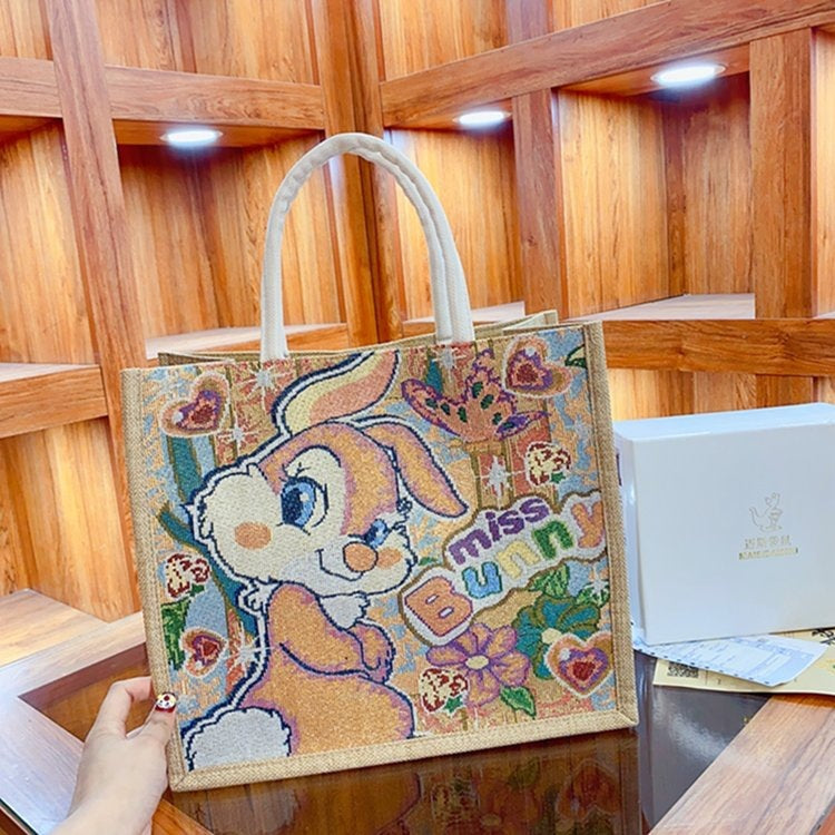 Linen Tote Bag Cute Cartoon Embroidery Large Capacity