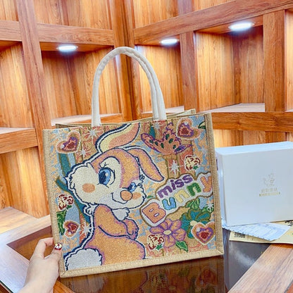 Linen Tote Bag Cute Cartoon Embroidery Large Capacity
