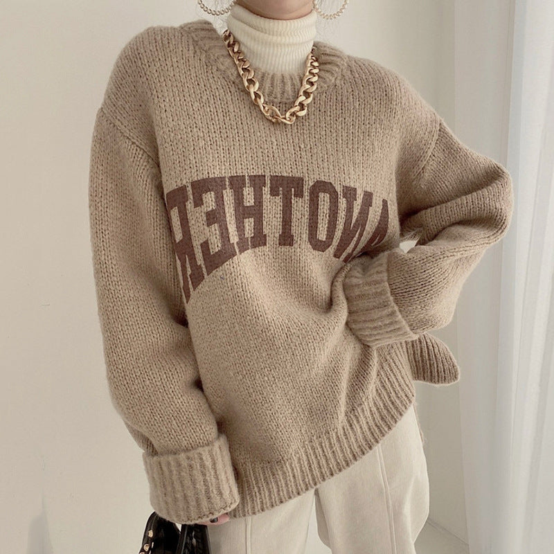 Fall Letter Print Round Neck Oversized Knit Sweater