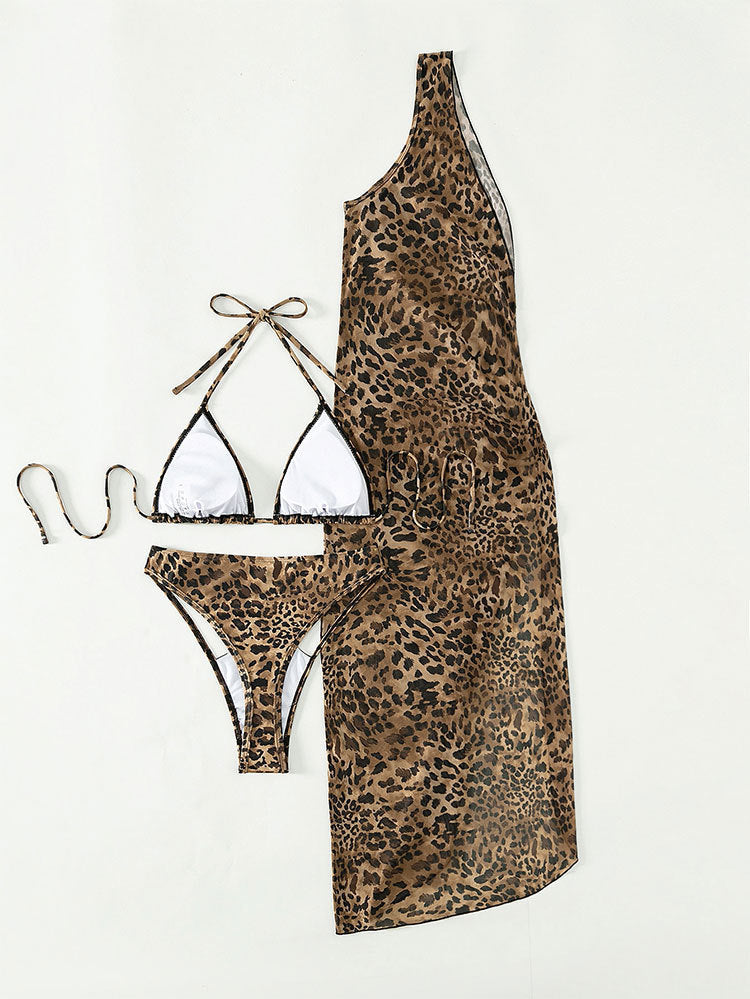 3PCS Sexy Print Halter Mesh Bikini Swimwear