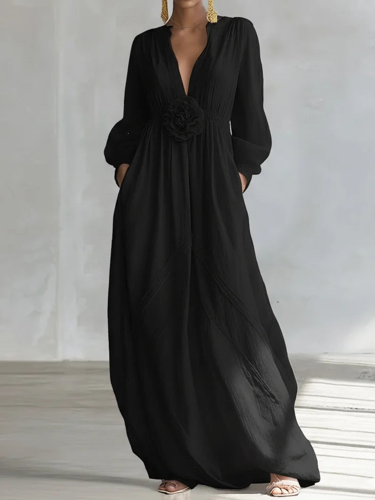 Long Puff Sleeve Textured Fabric Flowy Wedding Guest Dress with Side Pockets
