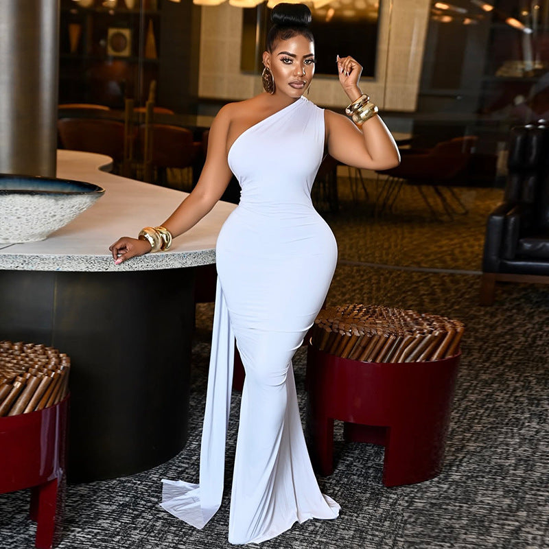 Colorful Slim Fit Drape Off-Shoulder Midi Dress
