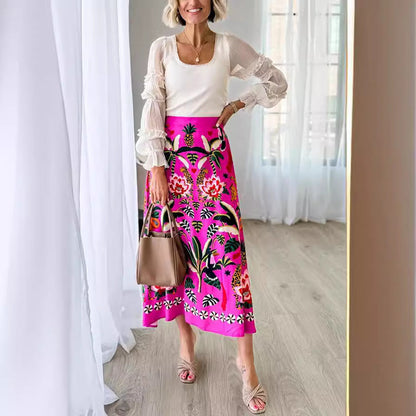 Retro Tropical Plant Print A-Line Skirt for Women