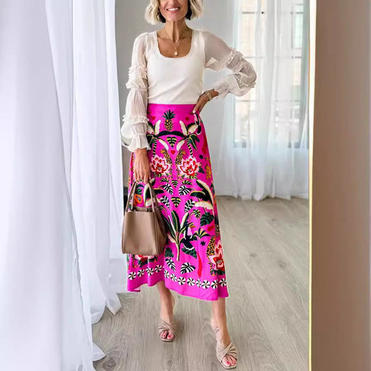 Retro Tropical Plant Print A-Line Skirt for Women