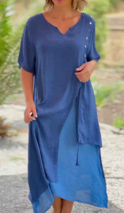 Stylish V-Neck Short Sleeve Fake Two Asymmetric Dresses