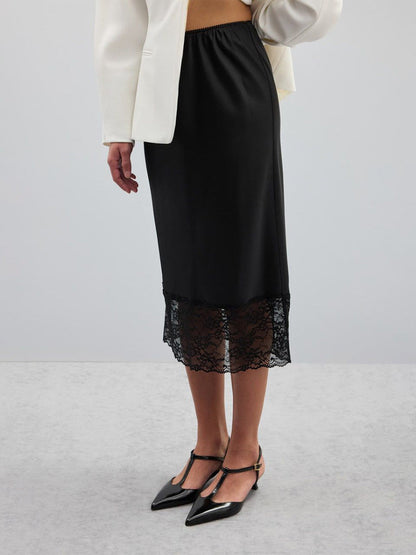 Lace Trim A-Line Skirt Elegant Casual Midi Skirt