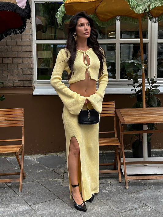 Elegant Bell Sleeve Cardigan & Maxi Skirt Set