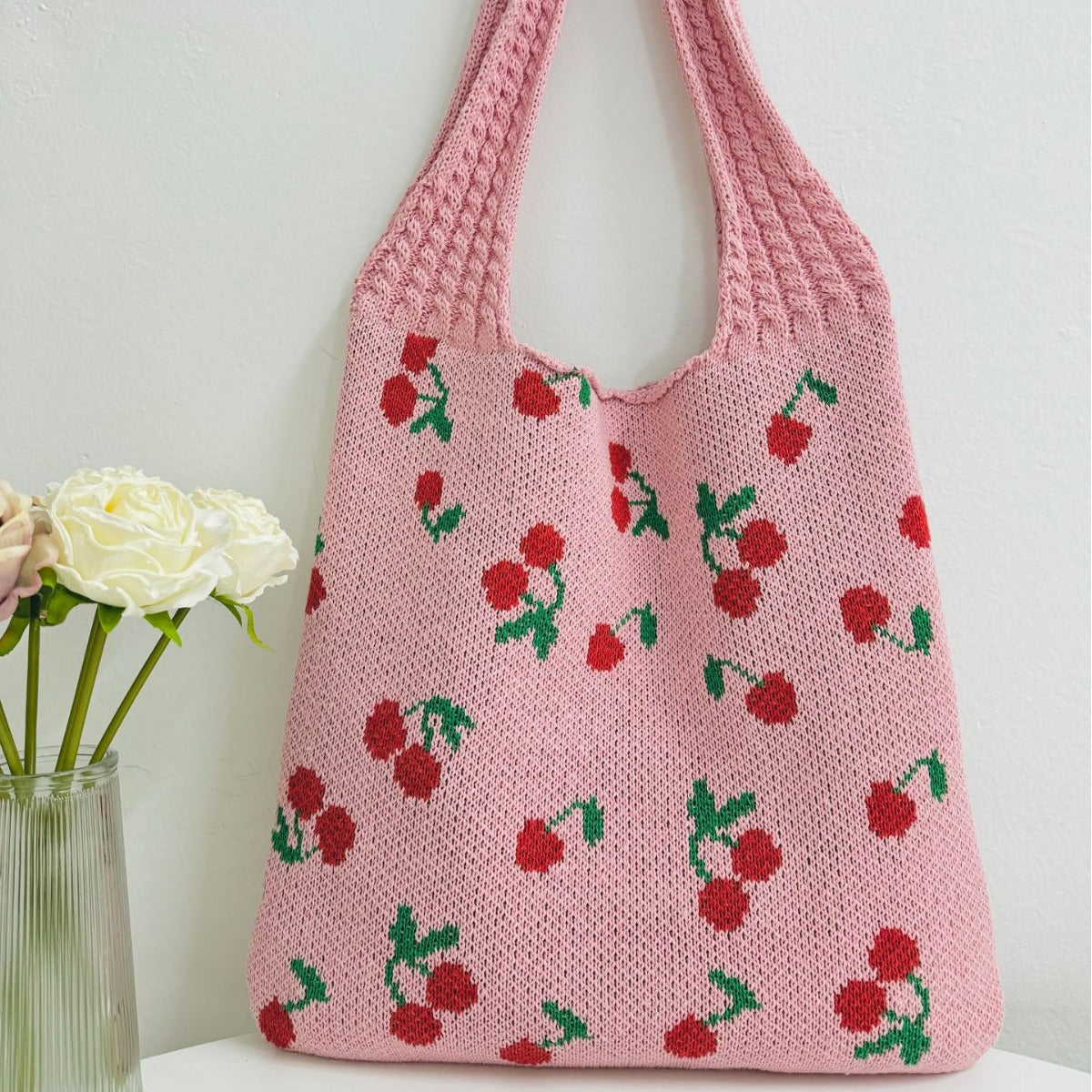 Cherry Print Cute Shoulder Bag Knit Tote Bag