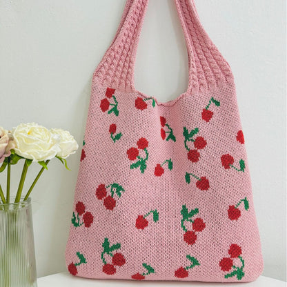 Cherry Print Cute Shoulder Bag Knit Tote Bag