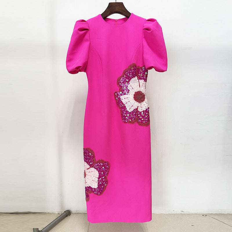 Trendy Beaded Flower Short Sleeve Dress