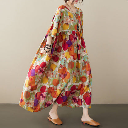 Simple And Fashionable Bohemian Long Dress, New Summer Style, Added Fat, Round Neck, Short Sleeved, Middle-Aged And Elderly Mom'S Dress