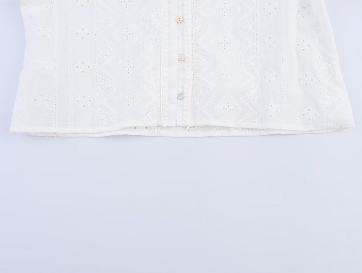 Trendy Embroidered Hollow Out Solid Color Top