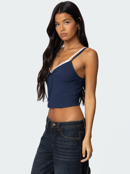 Lace Trim Color Block Cami Top with Bow Details