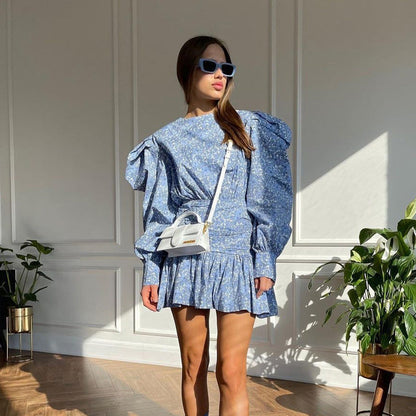 Floral Print Pleated Mini Dress with Long Sleeves