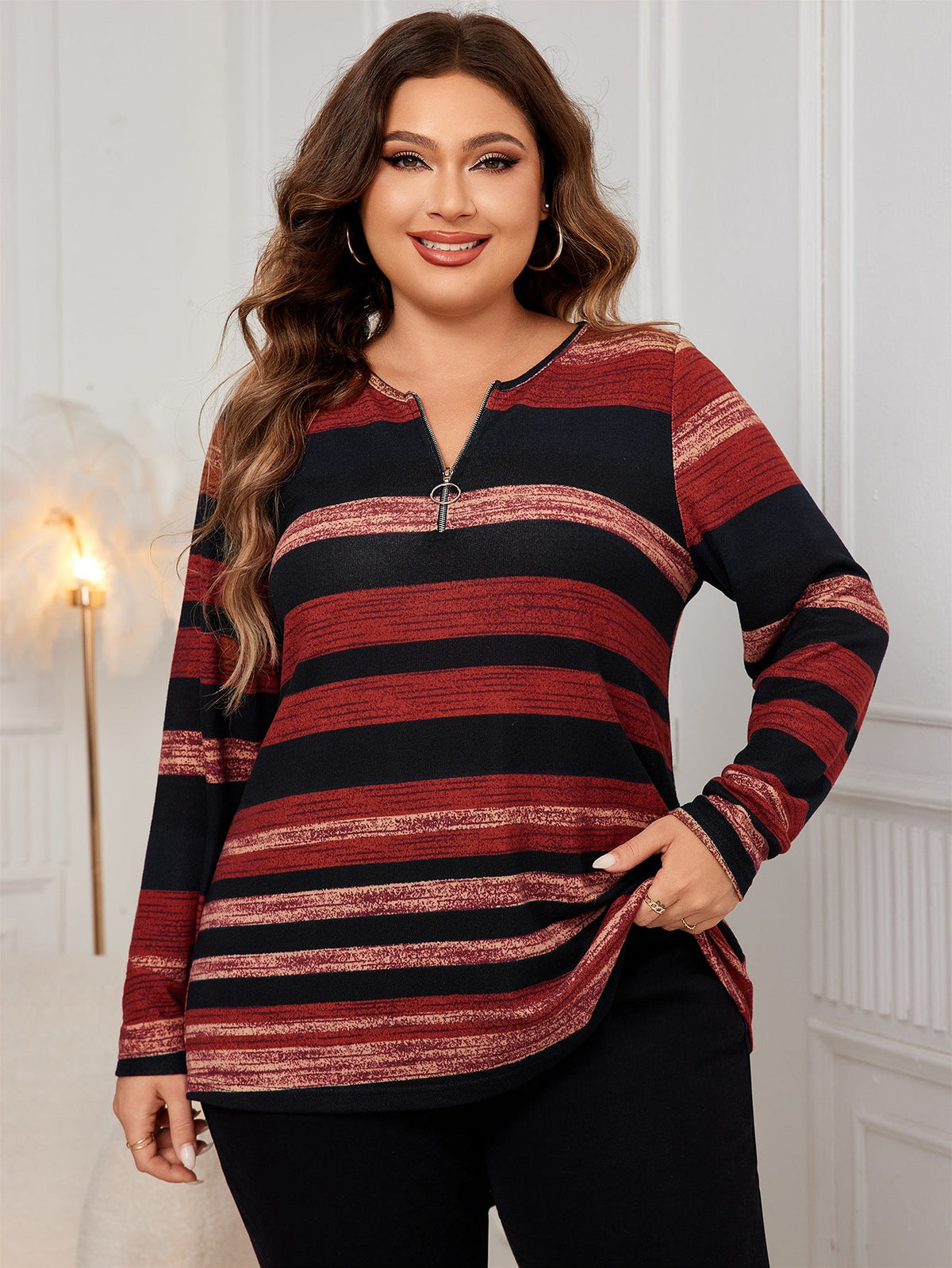 V-Neck Striped Shirt Cozy Casual Polyester Blouse