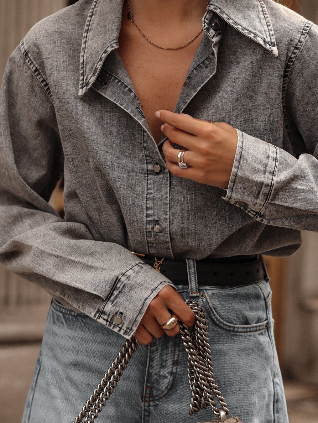 Casual Denim Shirt With Polo Collar